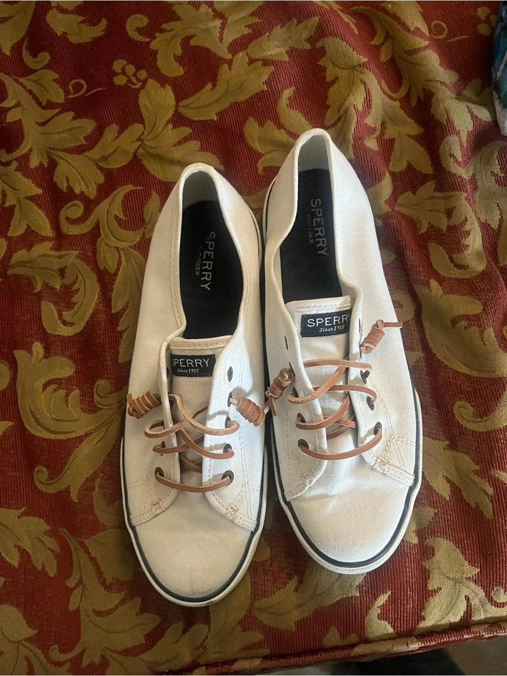 Sperry White Canvas Boat Shoes with Tan Laces